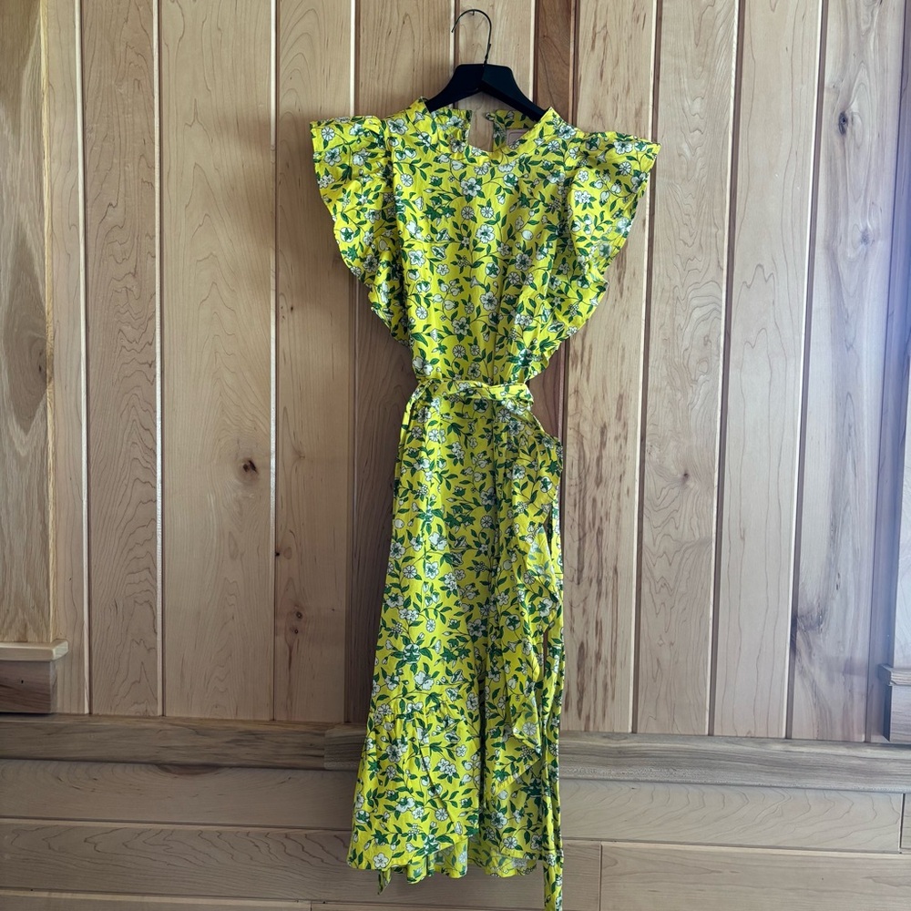 Banjanan Yellow Flutter Sleeve Floral Wrap Dress